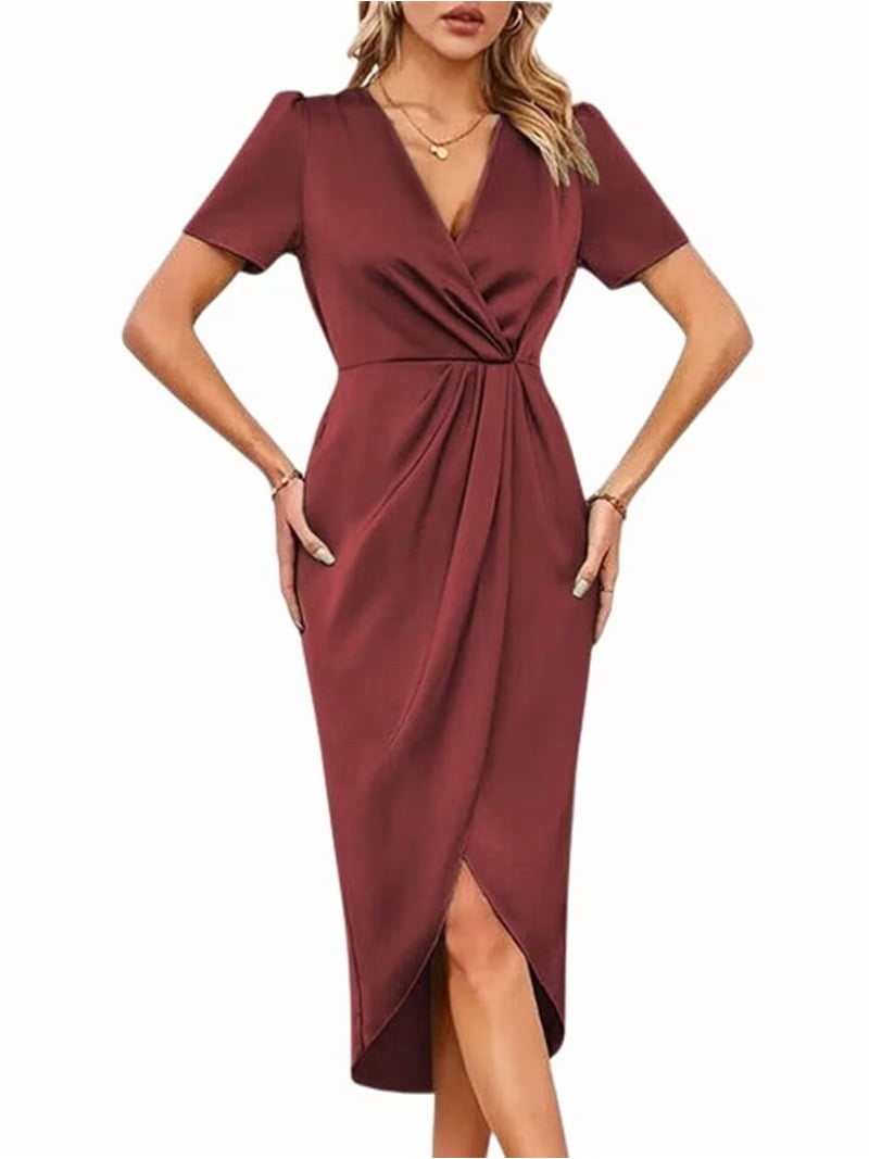 wine satin wrap dress Standard / XS Burgundy Satin Wrap Maxi Bridesmaid Dress Elegant Wine Red Formal Evening Gown