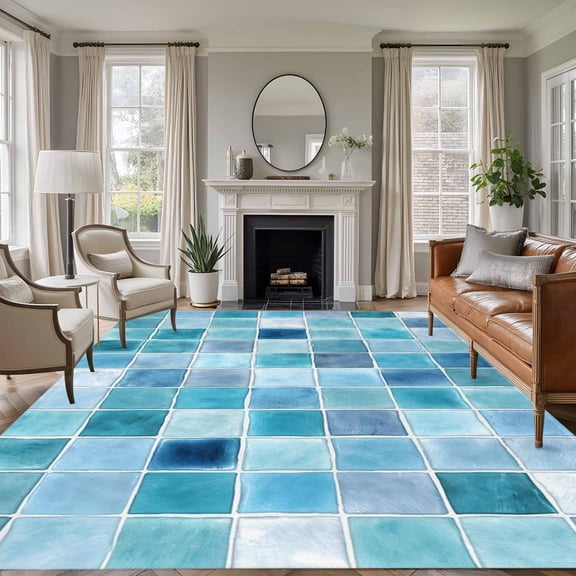 Teal Blue Checkered Area Rugs 6'x9', Small Throw Rugs for Kitchen Dining room, Farmhouse Plaid Buffalo Elegant Geometric Indoor Outdoor Rug Non-Slip Low Pile Carpet Runner Reversible Floor Mats