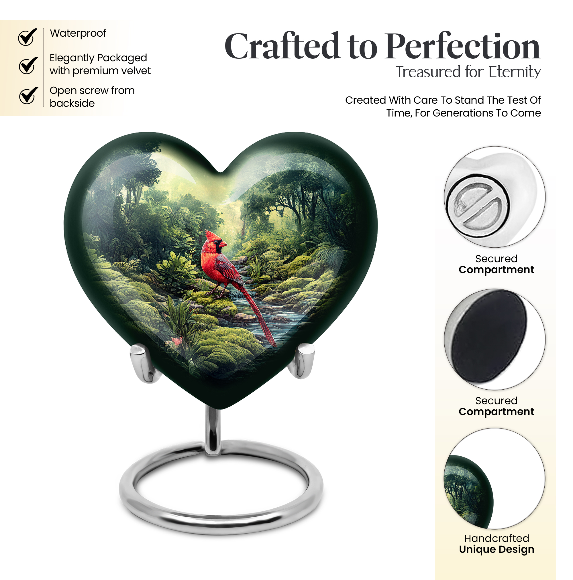 MUKTIVE Red Cardinal Urns for Human Ashes Adult Man & Women - Bird Cremation Urns for Human Ashes - Green Funeral Urn for Burial - Large Heart Urn for Mom & Dad - 8 Inch