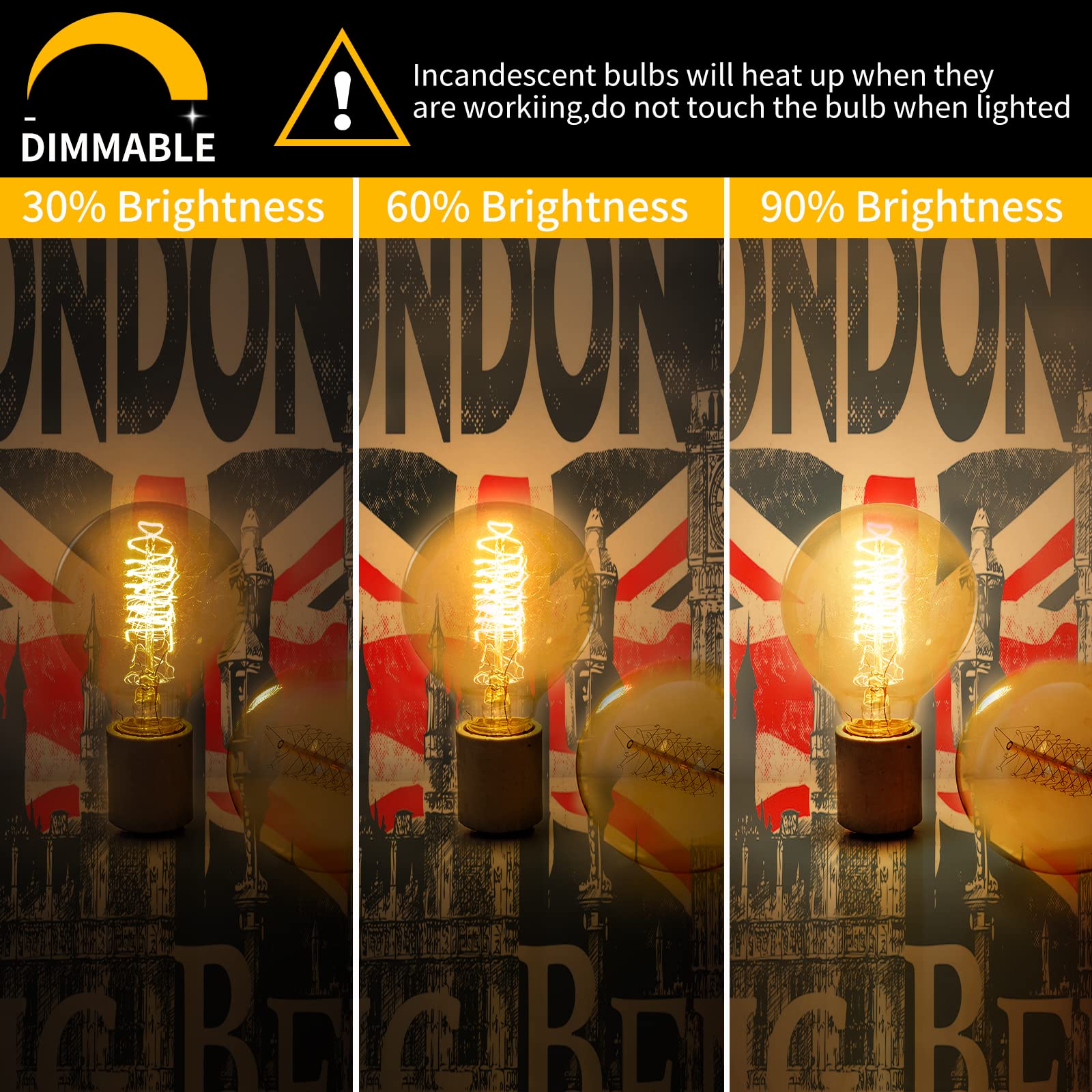 Globe Edison Bulbs, 6-Pack 60w Vintage Edison Light Bulb, Spiral Filament Edison Bulbs, E26 Base - Amber Tinted - 120VDimmable - G80 Decorative Lightbulbs