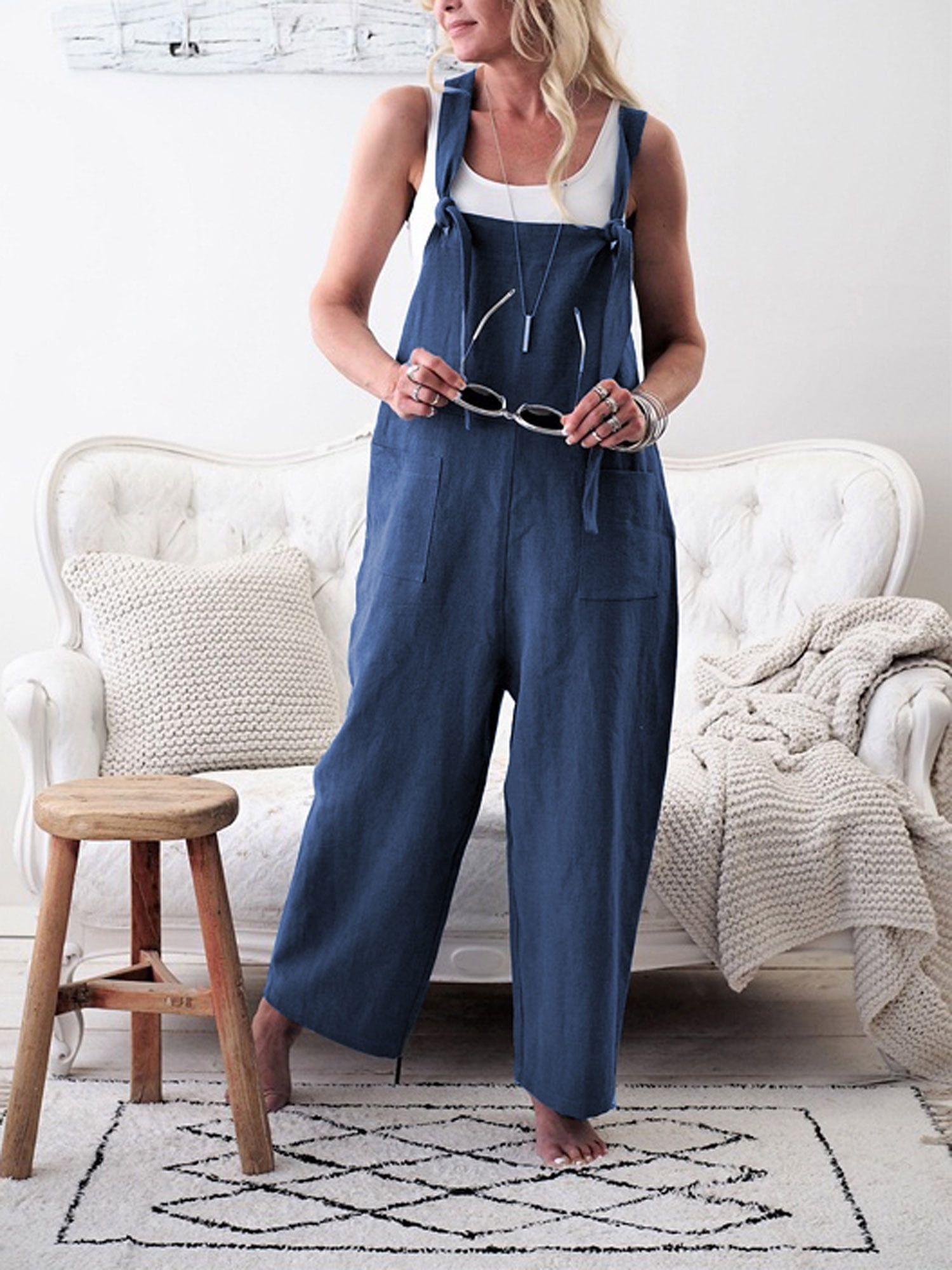 AMILIEe Women Casual Overalls Jumpsuit Bib Trousers Linen