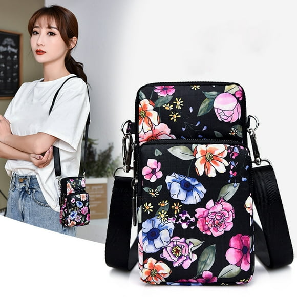 Women Coin Purse Floral Print Shoulder Strap Mini Wear-resistant Space-saving Crossbody Bag for Daily Life