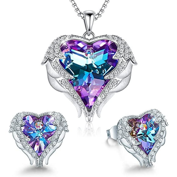 CDE Angel Wing Love Heart Women Necklaces and Earrings Silver/Gold Tone Jewelry Set Birthday/Anniversary Valentines Jewelry Gifts for Women Mom/Wife/Sister/Best Friend