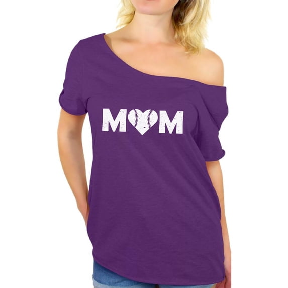 Awkward Styles Women's Baseball Mom Heart Graphic Off Shoulder Tops T-shirt White Heart Mother's Day Gift
