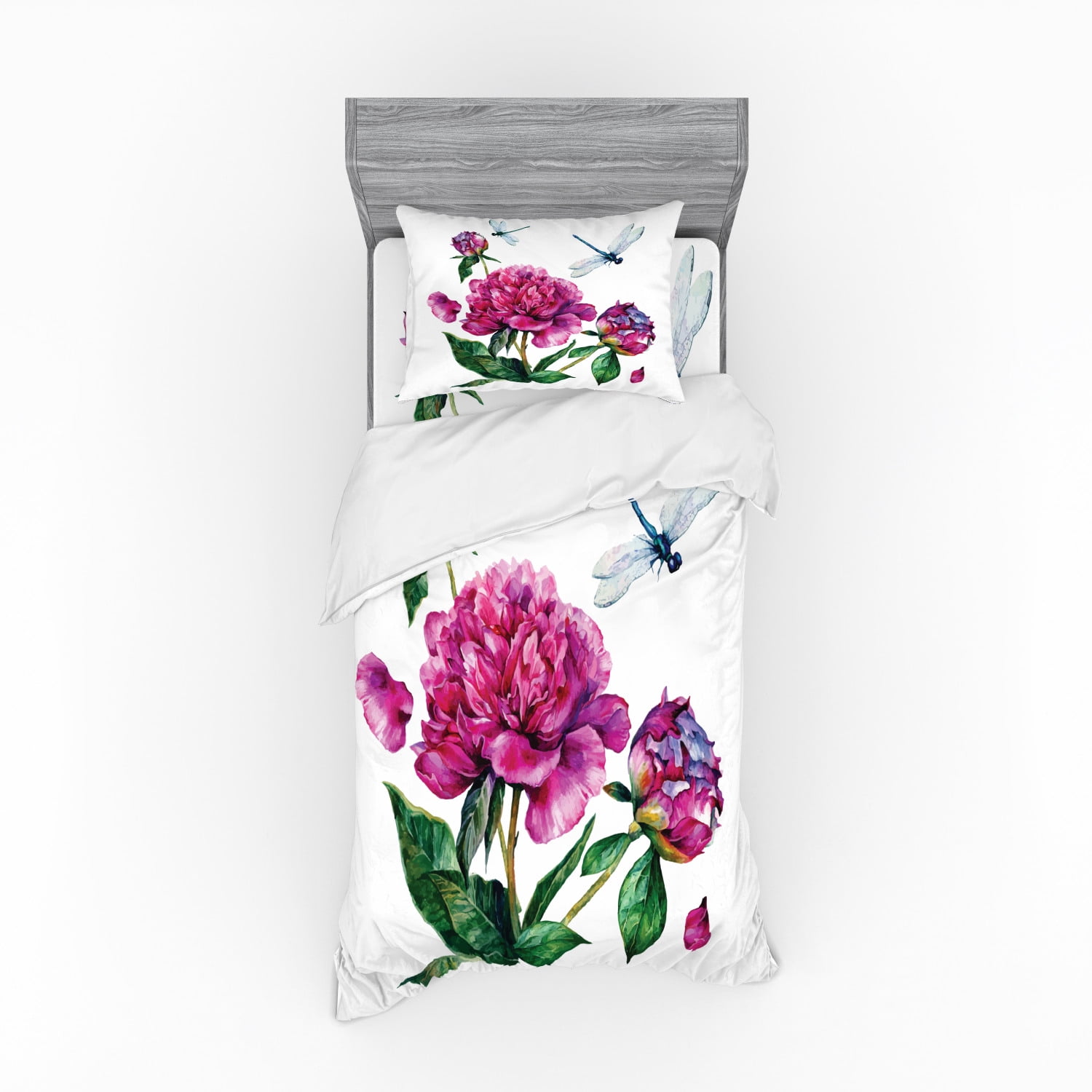Flower Duvet Cover Set Watercolor Peonies And Dragonflies