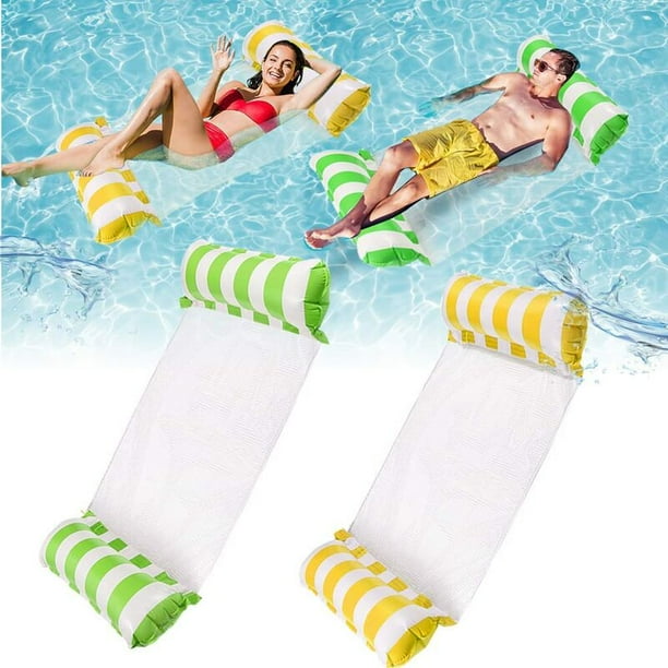 Paquete de 2 hamacas inflables para piscina, piscina inflable 4 en 1 (sillín, silla, hamaca, Drifter), hamaca de agua, tumbona flotante para adultos y niños. (Verde + Amarillo) JAMW Sencillez