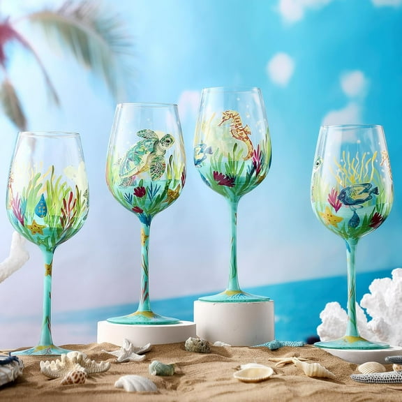 4 Pcs Sea Animal Hand Painted Wine Glasses Ocean Turtles Stemmed Wine Glasses Seahorses Seaweed Fish Decorative Drinking Cup Summer Ocean Gifts for Women Men Birthday Party Supplies