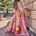 thumbnail image 4 of Women Summer Flower Print Loose Fit V Neck Button High Split Long Dress, 4 of 8