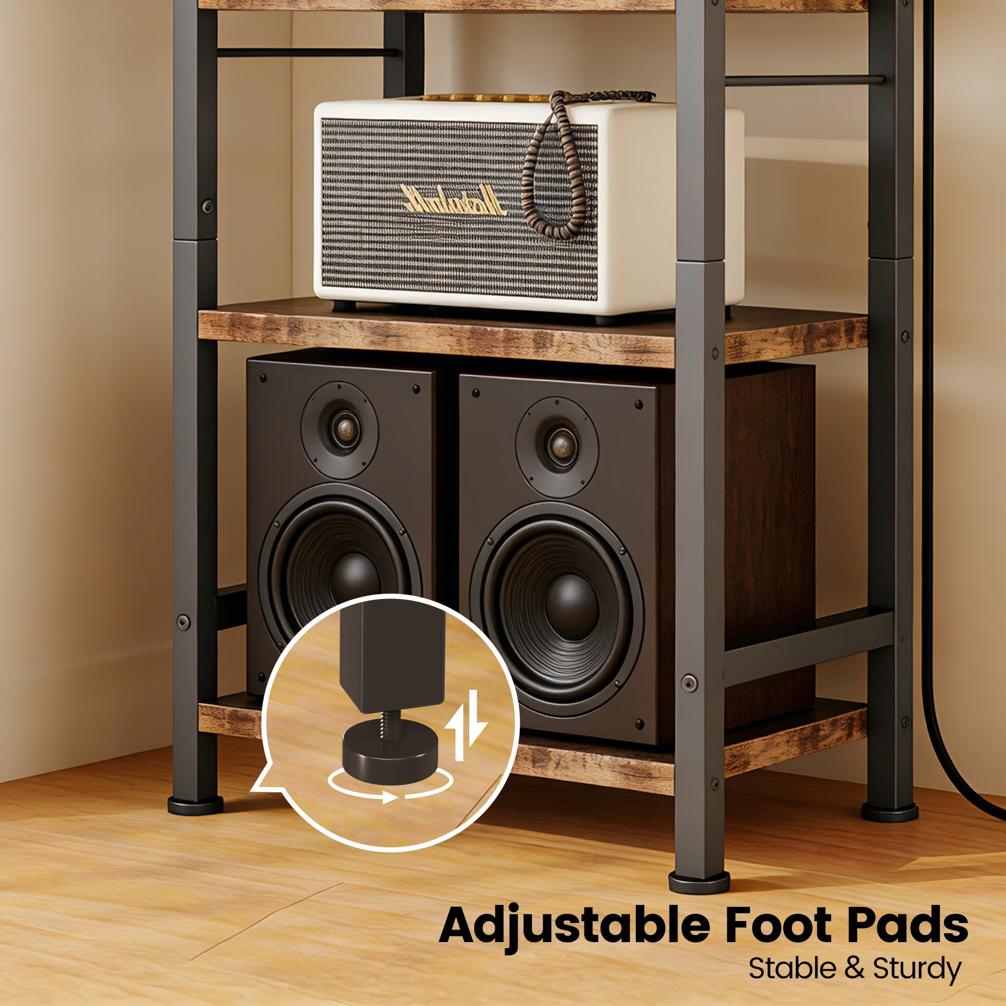 Homeiju 4-Tier AV Media Stand with Power Outlet, Wooden Record Player Stand, Entertainment Center with Storage Shelves, Stereo Stand DVD Stand for Bedroom, Living Room, Brown