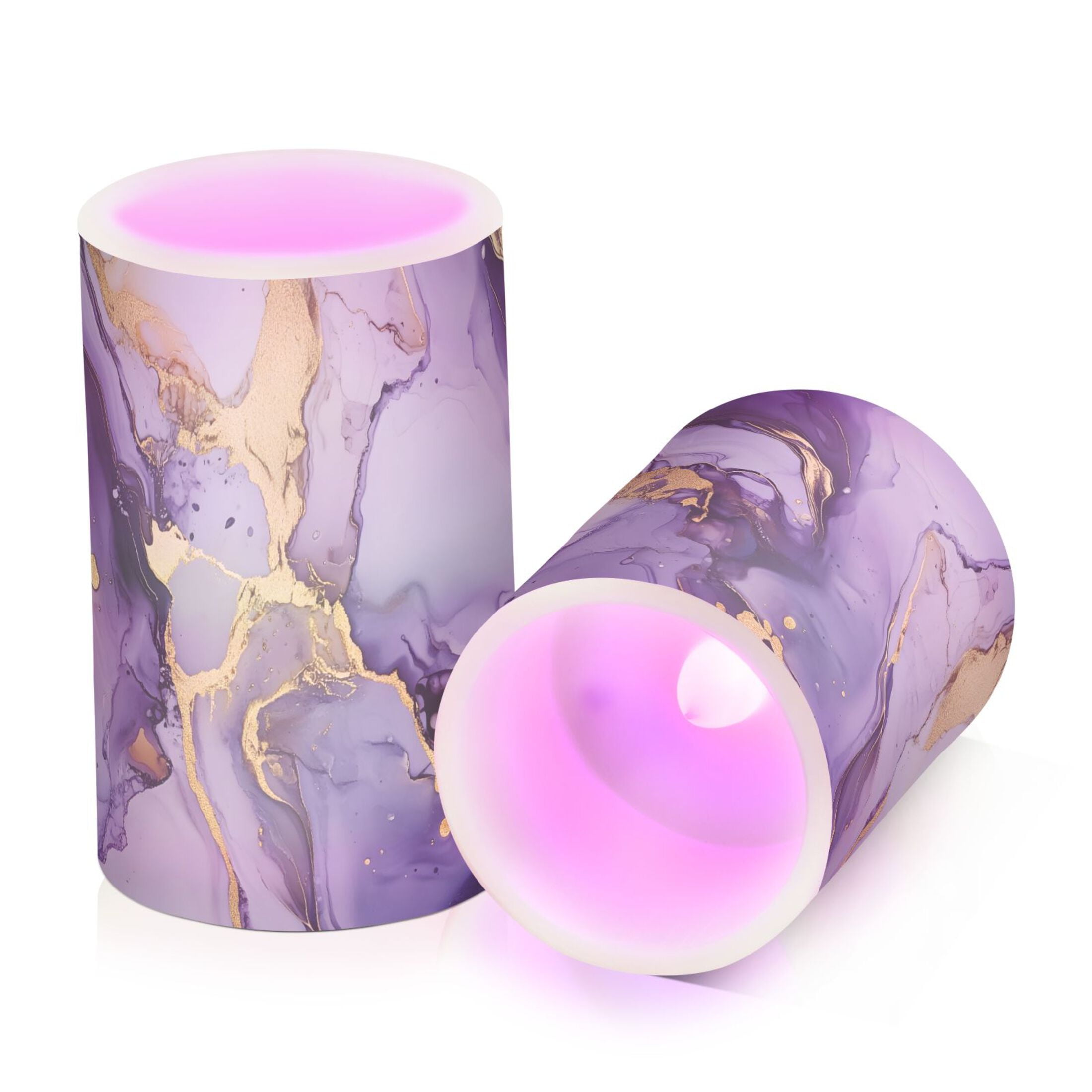 Purple Golden Marble Pattern Flickering Flameless Candles Battery Operated with Remote Timer LED Pillar Candles Set of 2