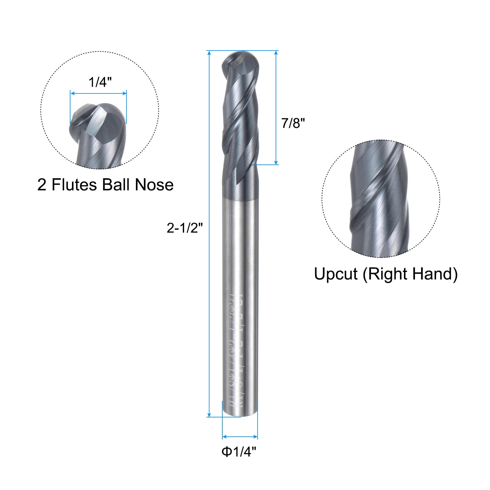 Uxcell Ball Nose End Mill 1/8" Radius 1/4" Shank Solid Carbide AlTiN Coated Upcut 2 Spiral Flutes