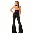 thumbnail image 5 of Women 70s Disco Jumpsuit Costume, Sparkly Halter V‑Neck Bell Bottom Jumpsuit with Pink Sequin Belt, Retro Disco Outfit for Halloween Theme Party Cosplay, 5 of 7