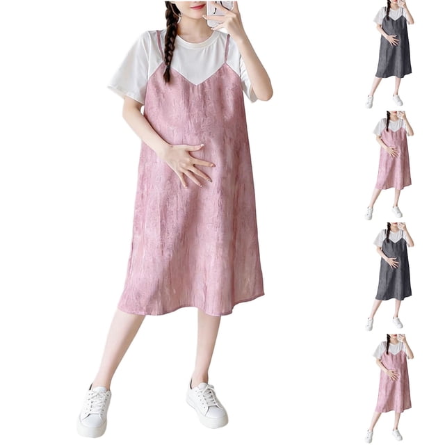 Xuniizn Robes de Maternité pour Femmes Col Rond Fausse Robe 2 Pcs Décontractée Ample Couleur Unie Manches Courtes Robe de Baby Shower, M-2TG