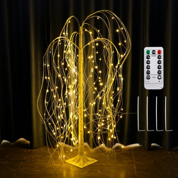 Saule Lumineux, Saule Pleureur avec 180 Lumières DEL, Arbre Lumineux Chaud avec Télécommande et Piquets de Sol pour Décoration de Noël, Mariage, Fête, 4 Pi