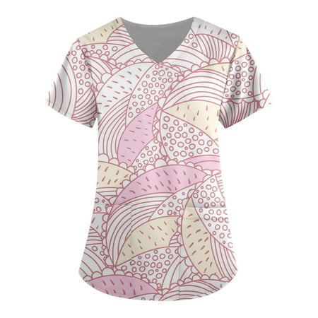 

OVTICZA Women s Holiday Short Sleeve Uniform Working Casual T Shirt V Neck Scrubs Top Pockets Graphic Nursing Scrubs Pink M