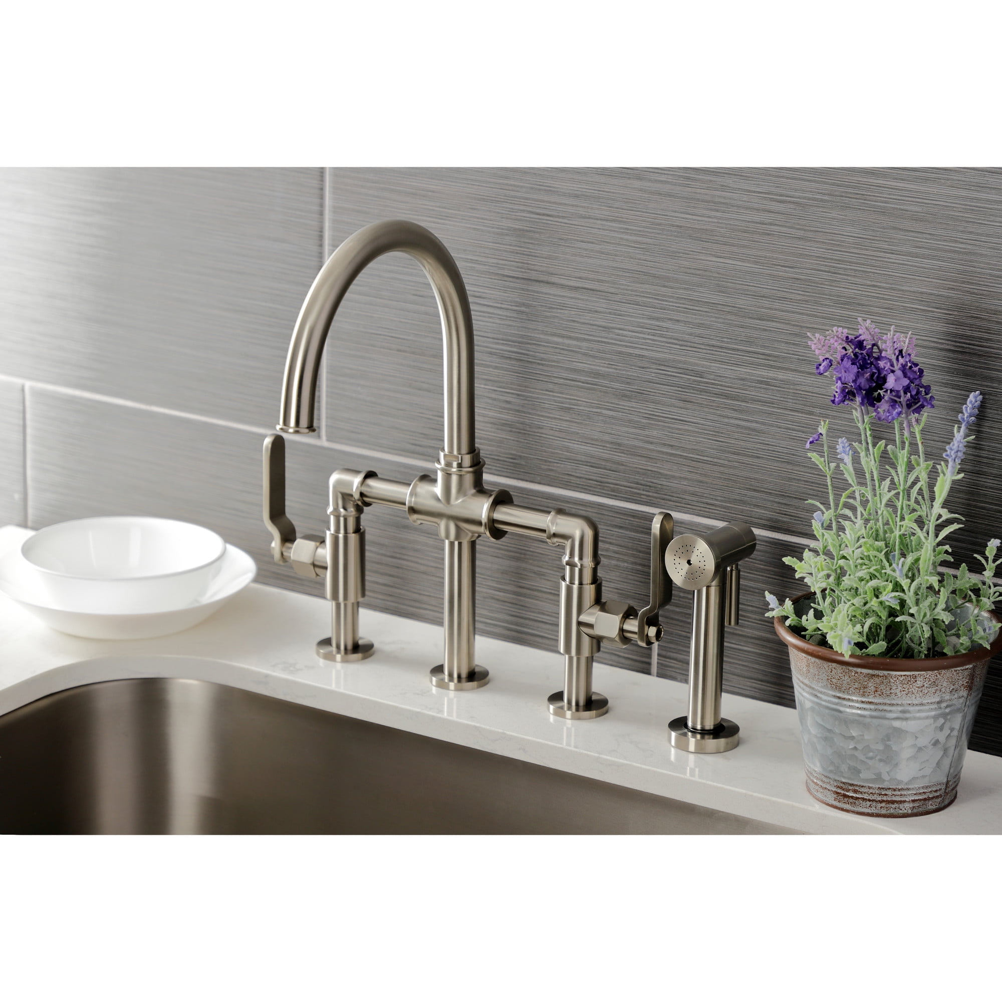 Kingston Brass KS2338KL Whitaker Two-Handle 4-Hole Deck Mount Industrial Style Bridge Kitchen Faucet with Brass Side Sprayer in Brushed Nickel