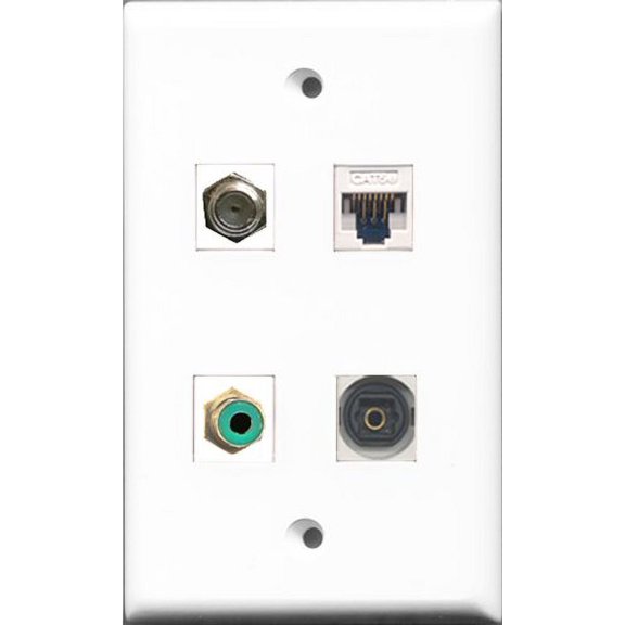 RiteAV 1 Port RCA Green and 1 Port Coax Cable TV- F-Type and 1 Port Toslink and 1 Port Cat5e Ethernet White Wall Plate