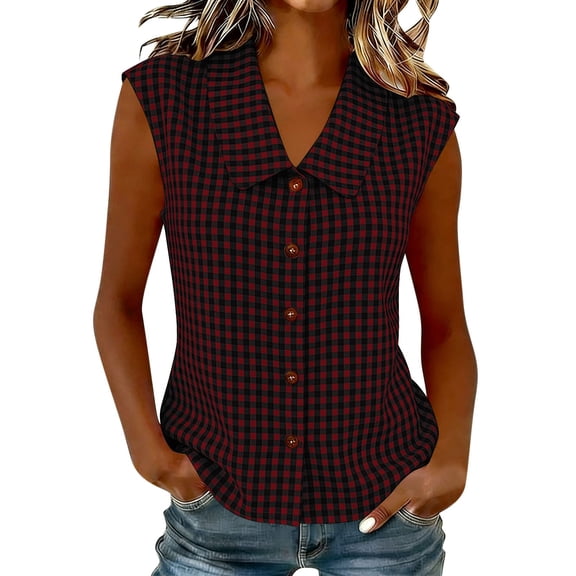 Women's Vintage Summer Blouse Collared Print Button Down Sleeveless Top Sweet Tank Tops for Ladies Dark Gray 3XL