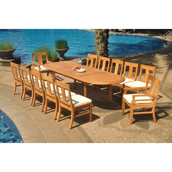 Grade-A Teak Dining Set: 12 Seater 13 Pc: 118" Double Extension Oval Table And 12 Osborne Chairs (2 Arm & 10 Armless Chairs) WholesaleTeak #WMDSWVm