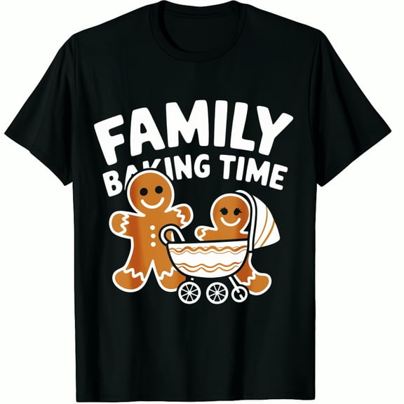 Christmas Family Baking Time Gingerbread Man and Carriage Print Black Graphic T-Shirt ,Tops Tee for Men Women