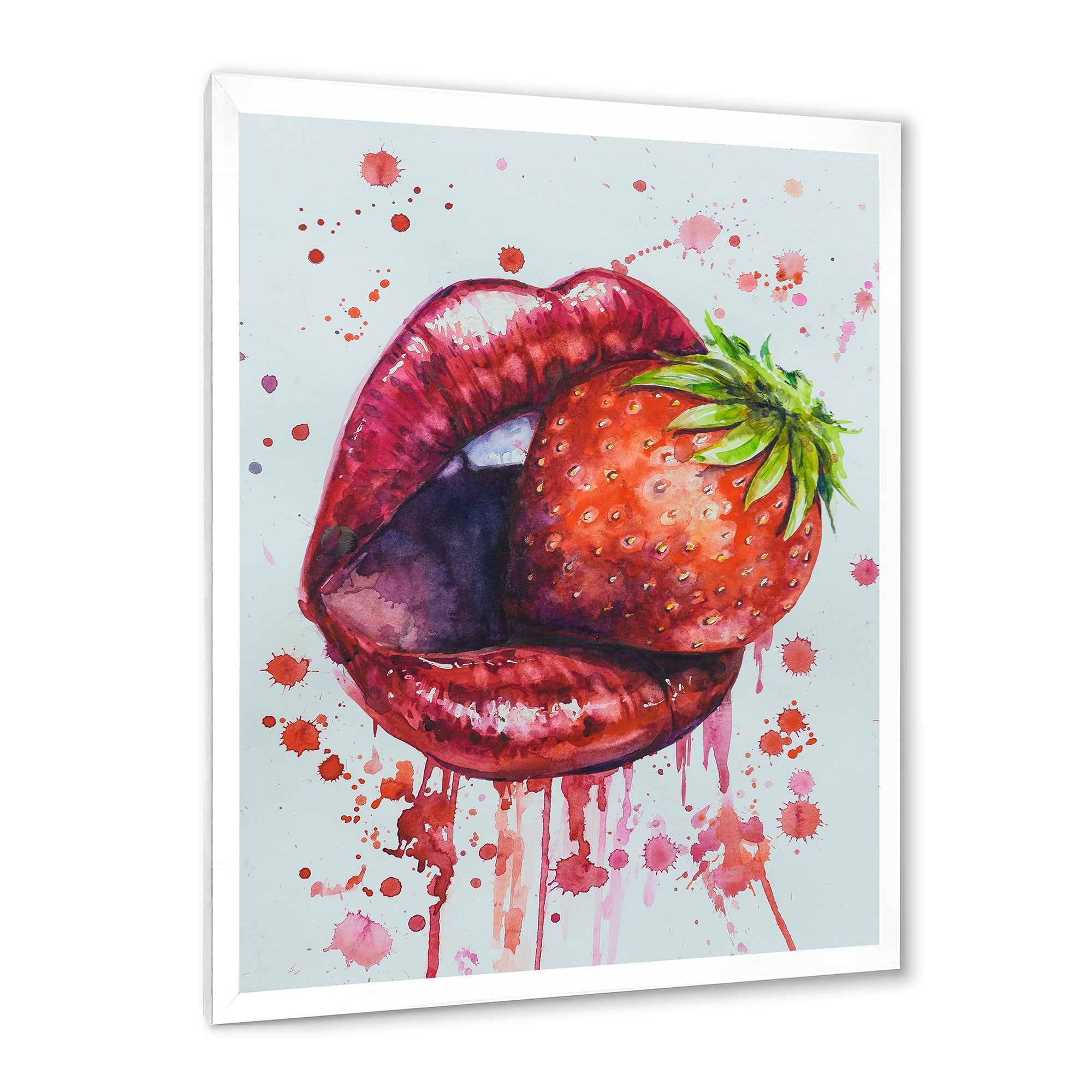 Designart 'Red Girl Lips Eating A Strawberry' Modern Framed Art Print