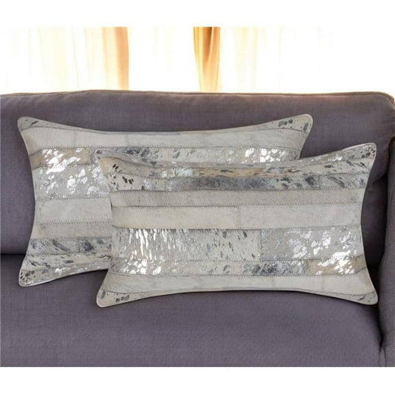 HomeRoots 544633 12 x 20 in. Gray & Silver Striped Cowhide Lumbar Throw Pillows with Glitter - Set of 2
