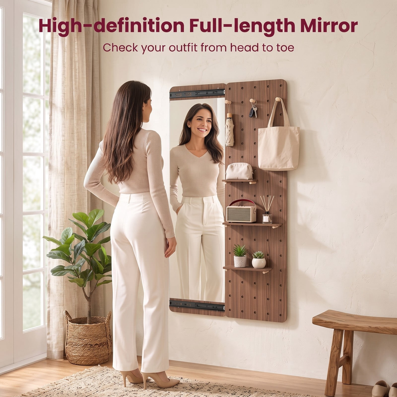 ALPULON Solid Wood Full Length Mirror with Sliding Pegboard, Shelves and 3 Hooks, Wall Mounted HD Floor Mirror for Entryway Bedroom Closet, Brown