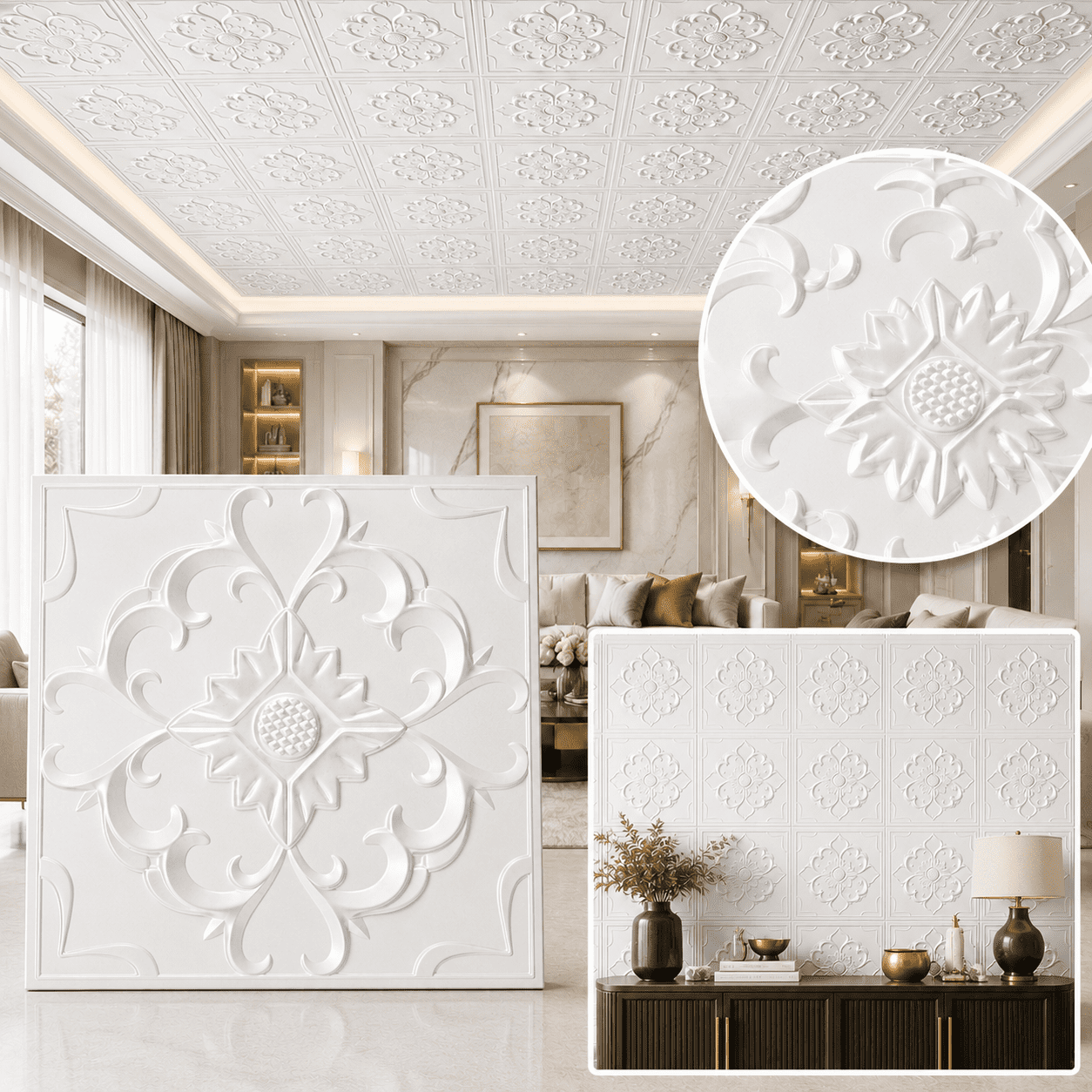 YESLIFE 12-Pack 2' x 2' White PVC Ceiling Tiles, 3D Embossed Waterproof Drop Ceiling Panels, Glue-Up Wall & Ceiling Tiles, 48 Sq. Ft.