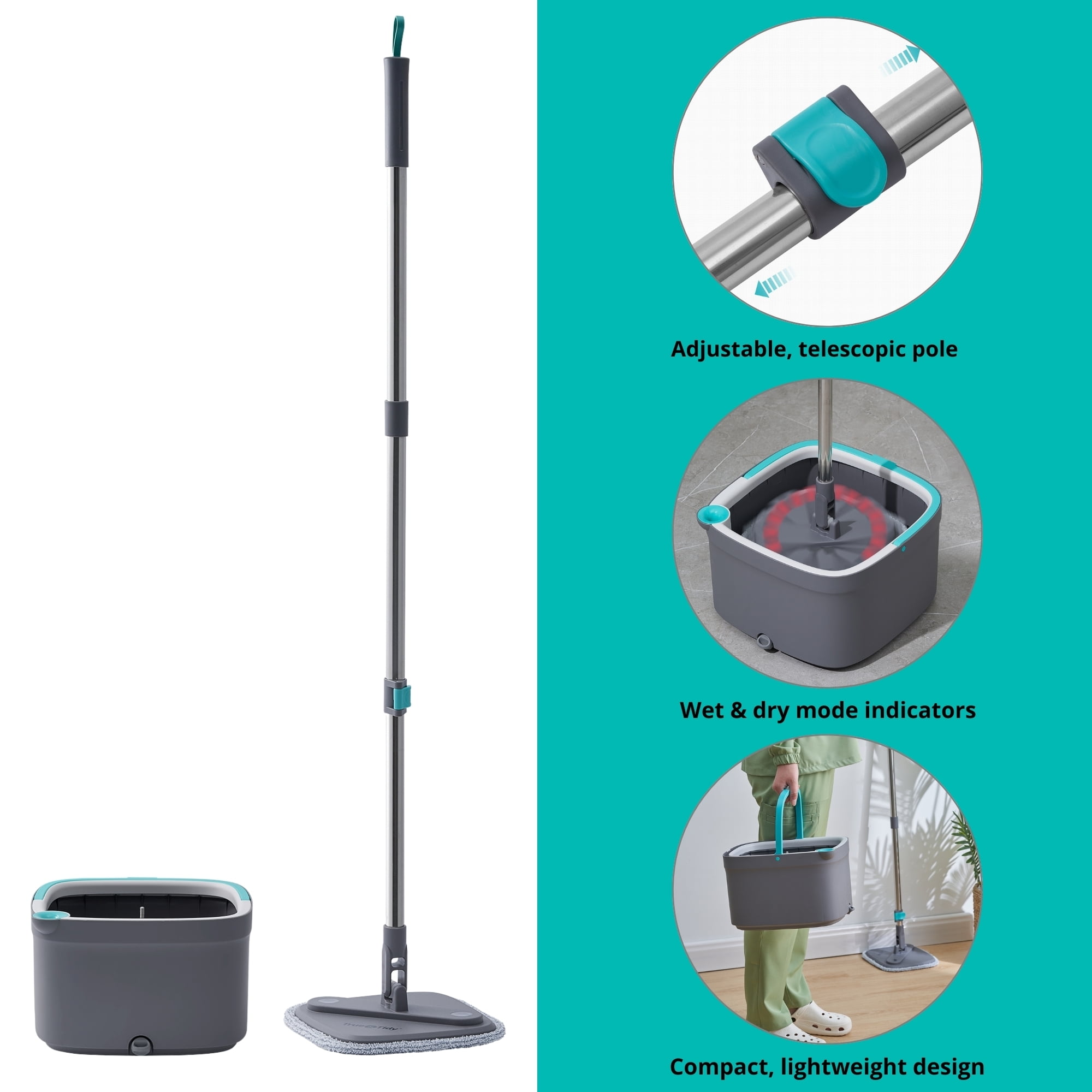 True Clean Spin Mop and Bucket System with Clean Water Separation, Self Cleaning Two Microfiber Floor Mop for Vinyl & Tile, Gray