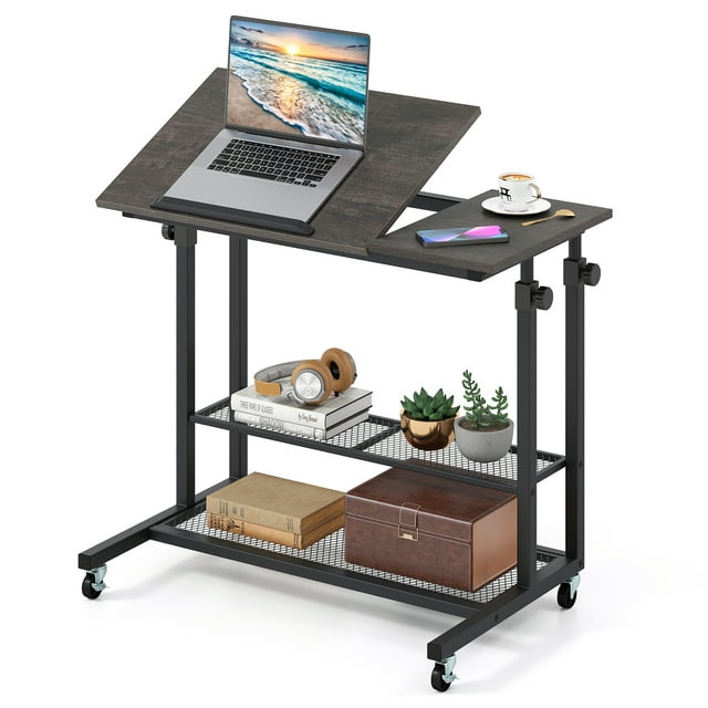 Patiojoy Ergonomic Standing Desk Height Adjustable Stand up Computer Desk w/ Tilting Tabletop & Wheels Dark Grey