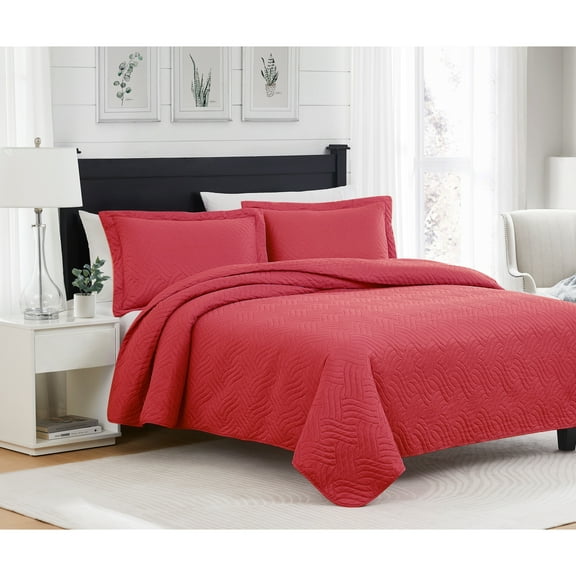 RT Designers Collection Ruby 3pc Pinsonic High Quality All Season Quilt Set for Revitalize Bedroom Queen Red
