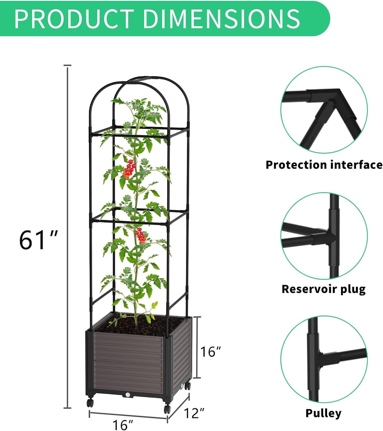 FISICOG Planter Box with Trellis & Wheels, Garden Bed for Climbing Plants Outdoor Indoor, Self Watering Raised Garden Bed Tomato Cage Planter Box for Vegetables Herbs Flowers