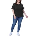 thumbnail image 2 of Agnes Orinda Women's Plus Size Textured Tops Rolled Short Sleeve Crew Neck T-Shirts Casual Basic Blouses 5X Black, 2 of 6