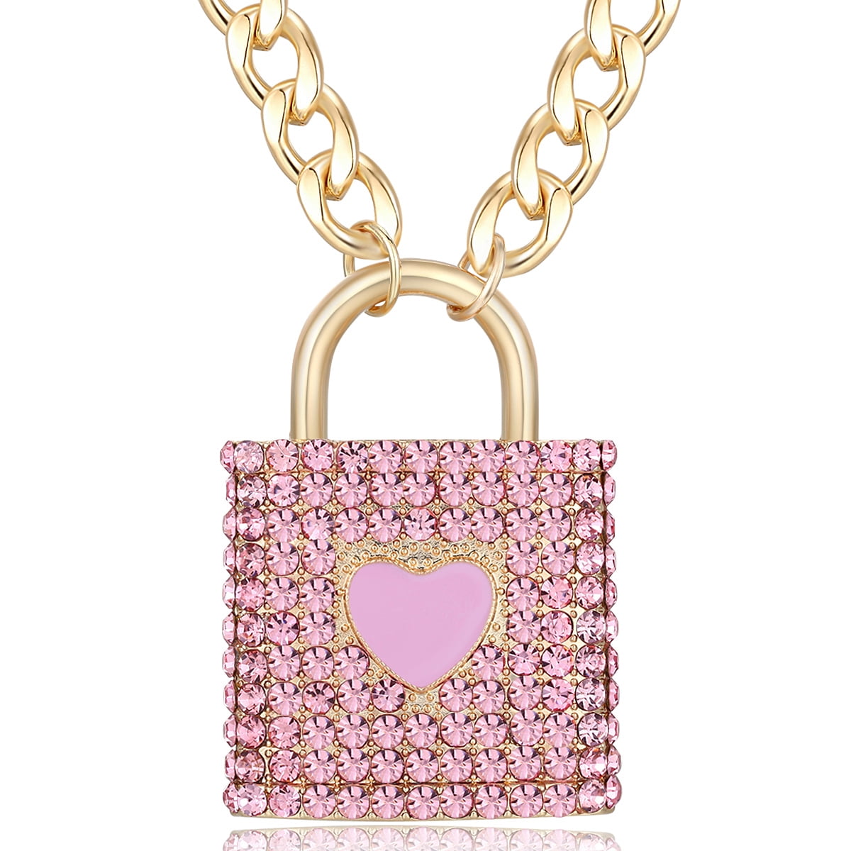 Women's Hip Hop Statement Crystal Chunky Chain Lock Heart Choker Necklace Gold Enamel Costume