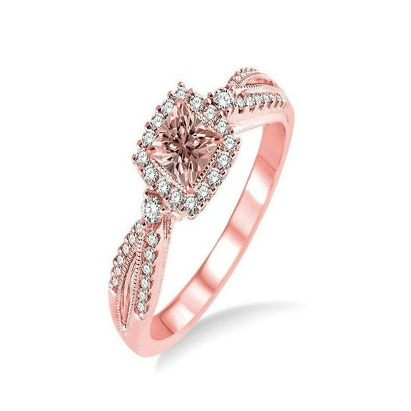 Twin Row 1.25 Carat Princess cut Morganite and Diamond Engagement Ring in 14k Rose Gold morganite & diamond engagement ring