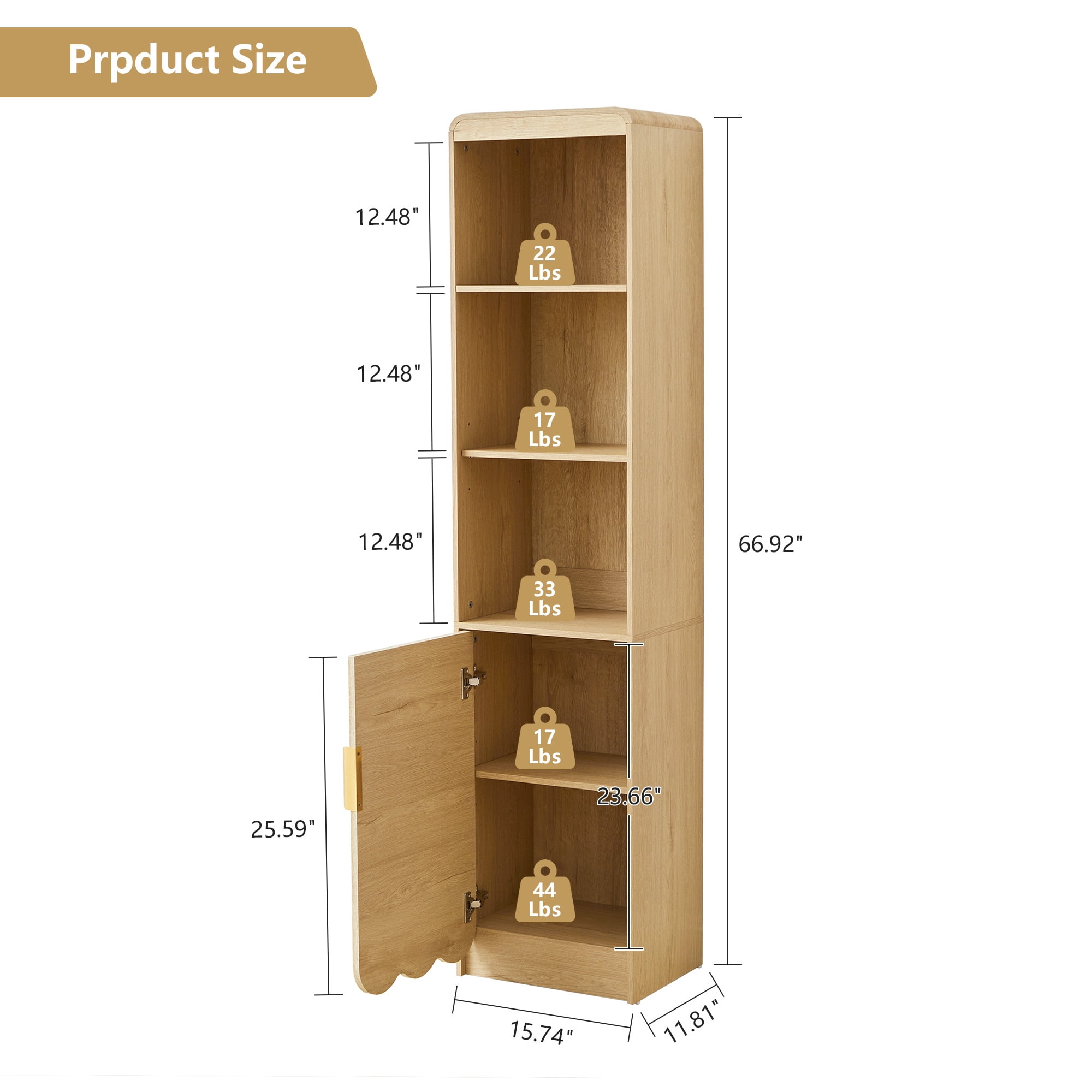 YOCWO 67" Tall Bathroom Storage Cabinet with Adjustable Shelves, 5 Tiers & 1 Door Bathroom Storage Tower with Wave Panel & Mental Handle, Freestanding Narrow Cabinet for Small Spaces, Natural