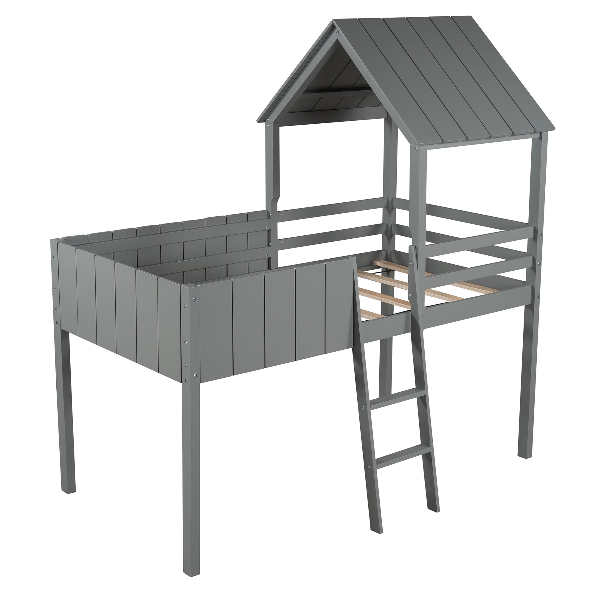 Modern Twin Size Loft Bed Wood Bed with Roof, Guardrail & Ladder, Toddler House Bed Bedroom Furniture, Space-Saving Wood Bed Frame, Under Bed Storage, No Box Spring Needed (Gray)