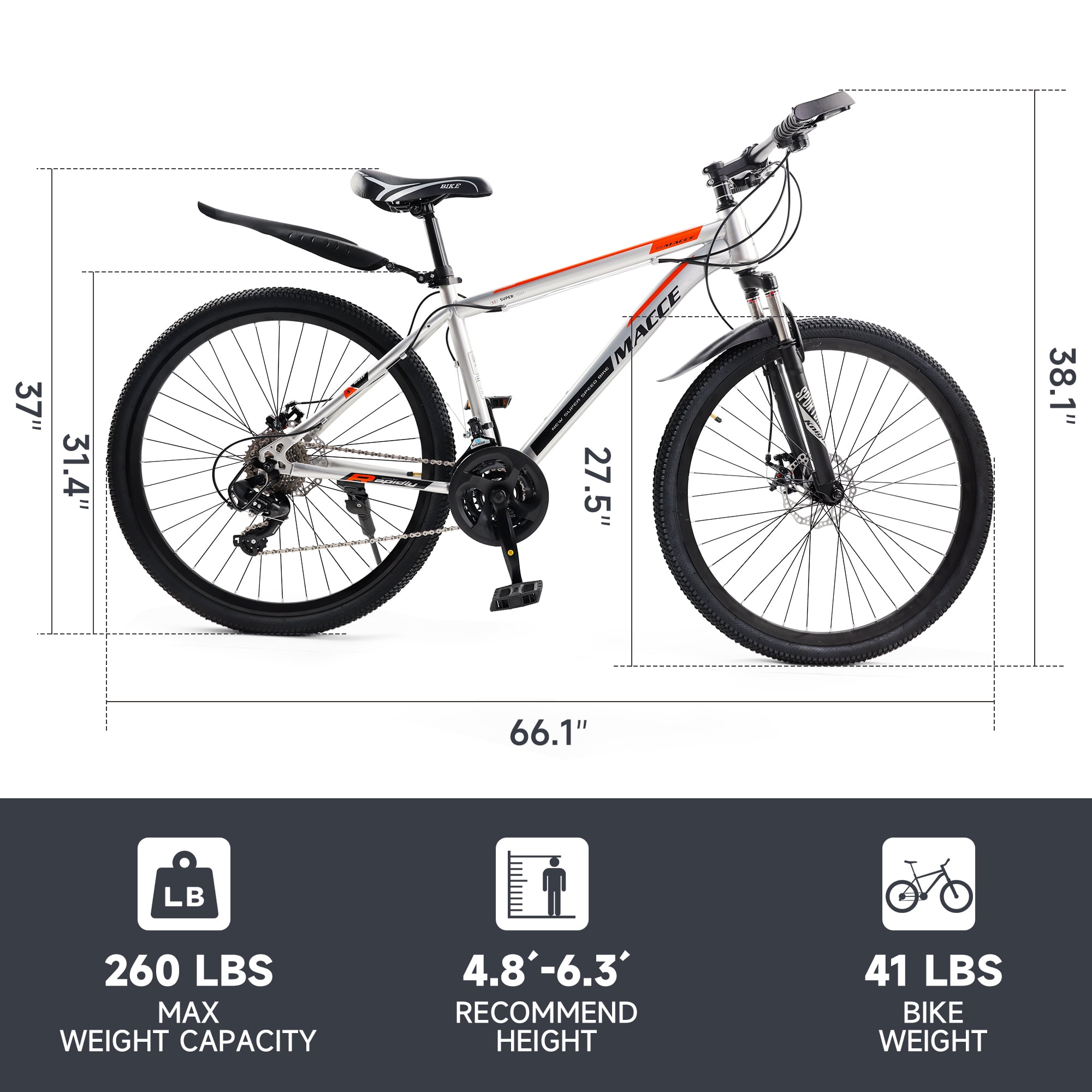 27.5 Inch Mountain Bike for Adult, 27-Speed Front Suspension High-Carbon Steel MTB Bicycle, Dual Disc Brake Bikes for Men Women, Silver