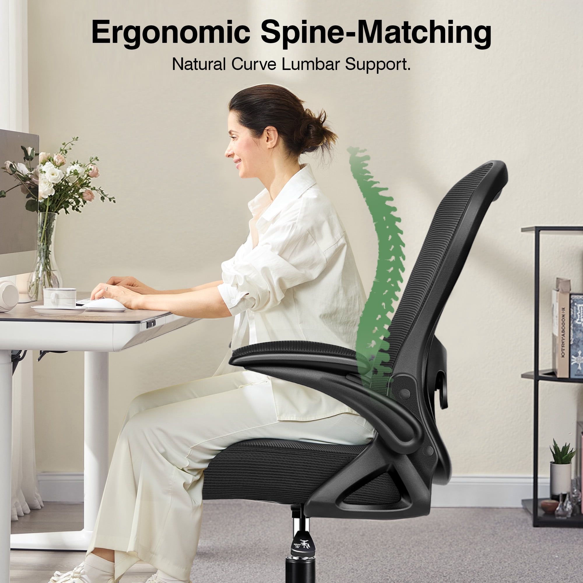 ATHOPE Ergonomic Office Chair, Mesh Desk Chair with Lumbar Support, Tall Office Chair with Flip-Up Armrests and Footrest Ring, Adjustable Computer Chair for Standing Desk Home Office, Black