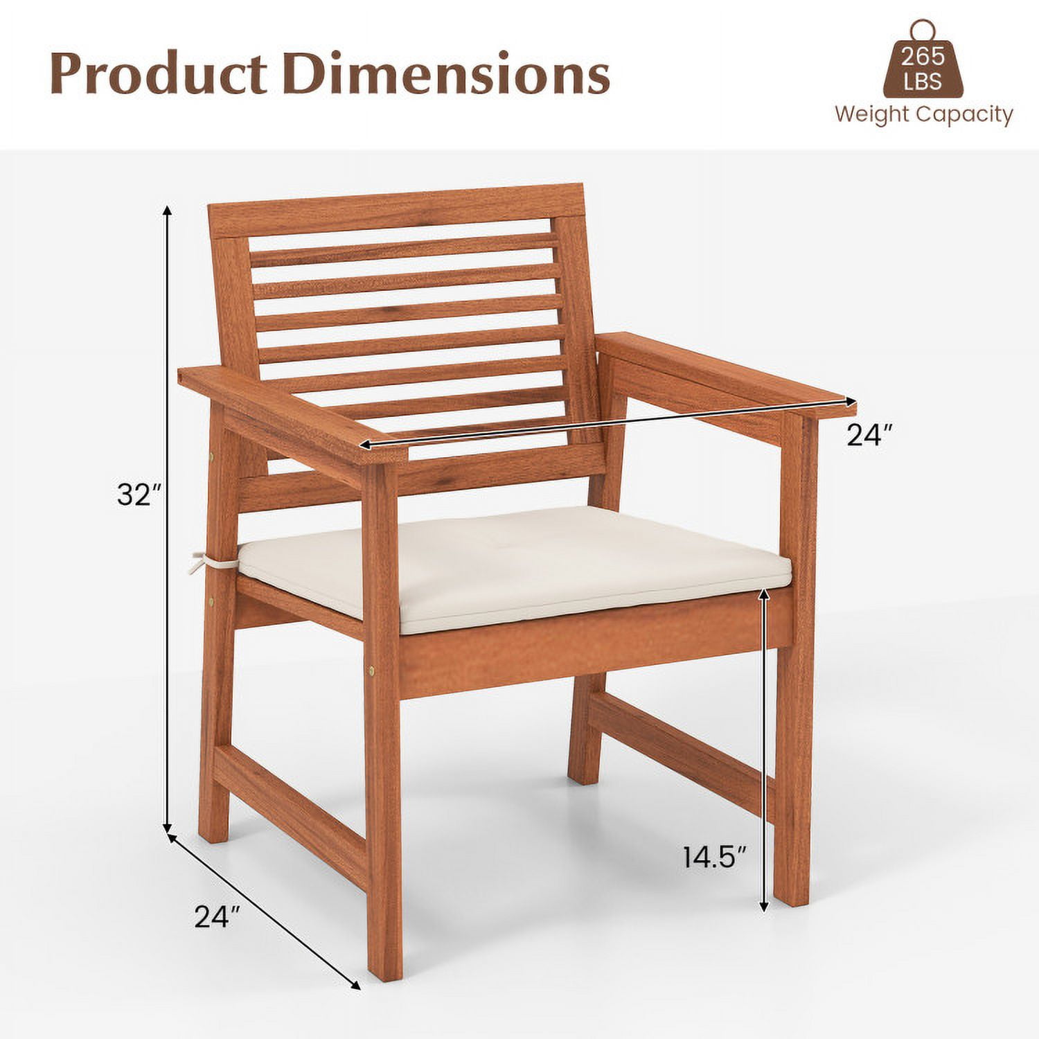 Aimee Lii Set of 2 Patio Solid Wood Dining Chairs with Cushions and Slatted Seat, Outdoor Patio Set