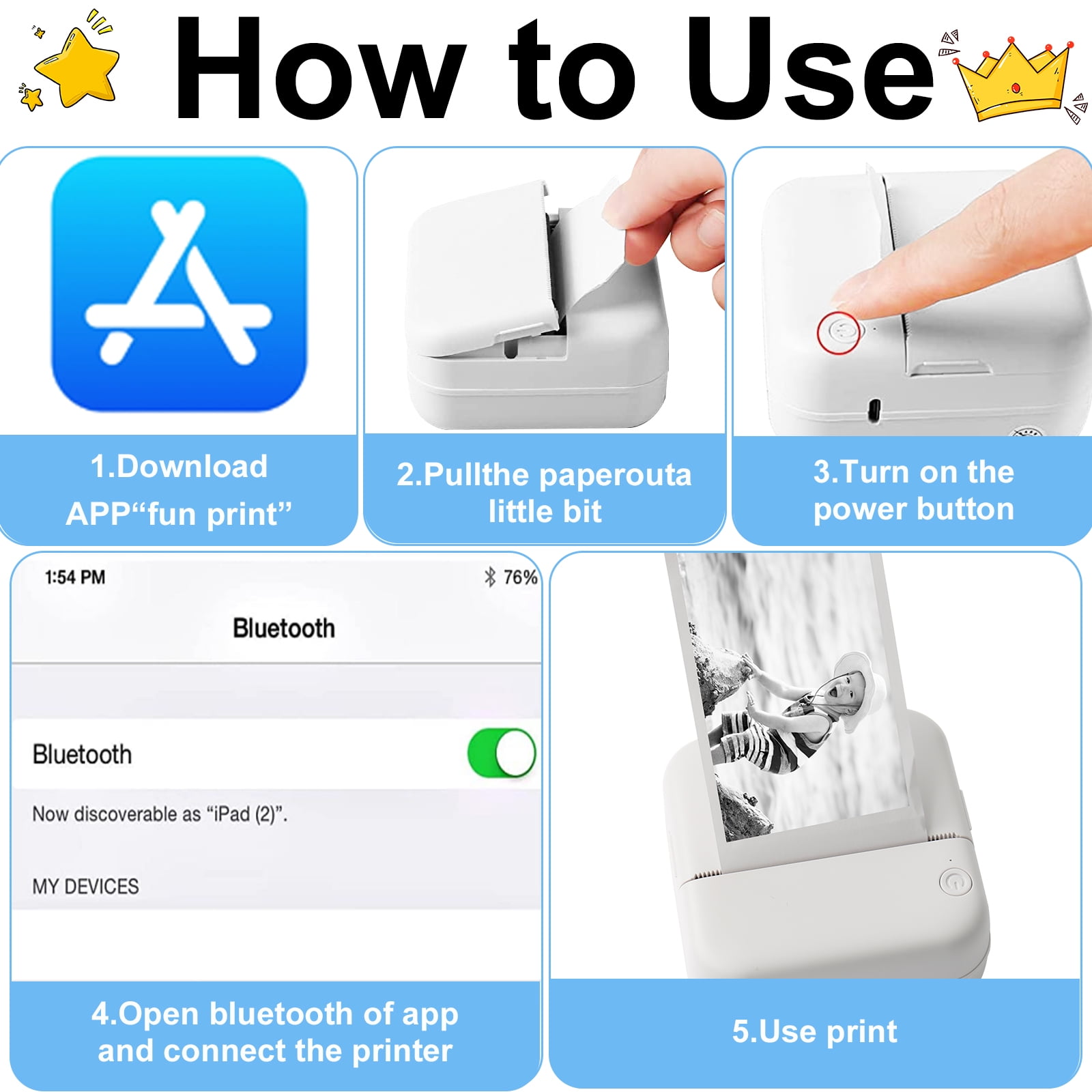 Romanda Portable Photo Printer, Pocket Wireless Bluetooth Thermal Mini Printer with 10 Rolls Printing Paper for Android iOS Smartphone BT Inkless Printing for DIY Journal, Photos, Notes, Gifts - Blue