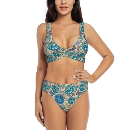 Zeuib Vintage Floral Butterflies High Waisted Tummy Control Bikini Set - Knot Front Push Up Top & Cheeky Thong Bottom  Two-Piece Swimsuit for Women-XX-Large