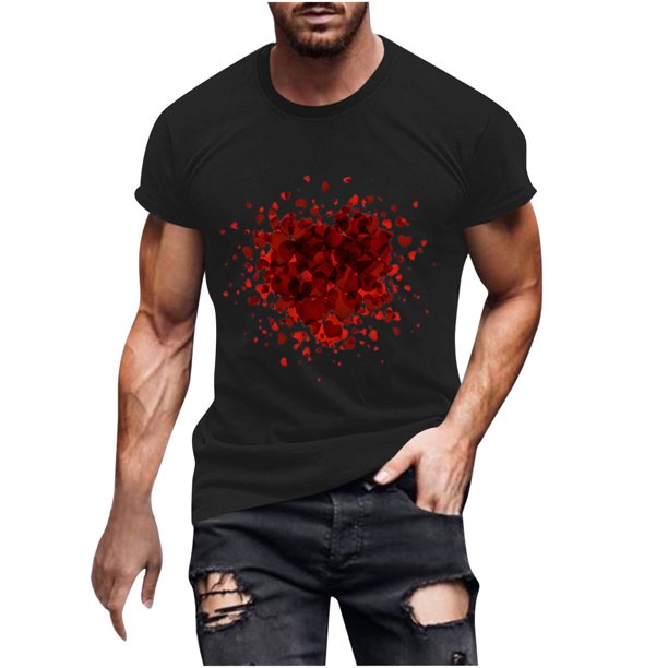 Camisetas de Manga Larga para Hombres, Camiseta de Manga Corta de Fitness de Impresión Del Día de San Valentín, Mezcla de Algodón Casual