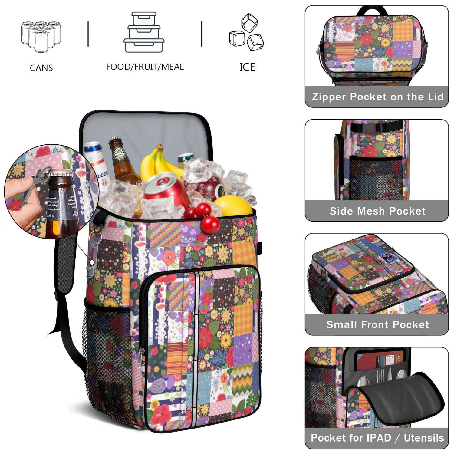 Travel Cooler Bag - Pioneer Flower Camping Beer Cooler Backpack with Bottle Opener- Waterproof Insulated Picnic Backpacks - Cooler Bag for Beach