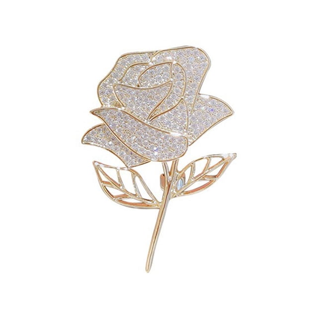 Women Brooch High-Gloss Rhinestone Inlay Sparkling Rose Flower Design Lapel Pin Non-Slip Buckle Zinc Alloy Scarf Badge
