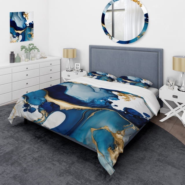 Designart "Blue-Marbled Geode Abstraction I" Abstract Marble Bedding Covert Set - Modern Blue Abstract Bed Set With 2 Shams