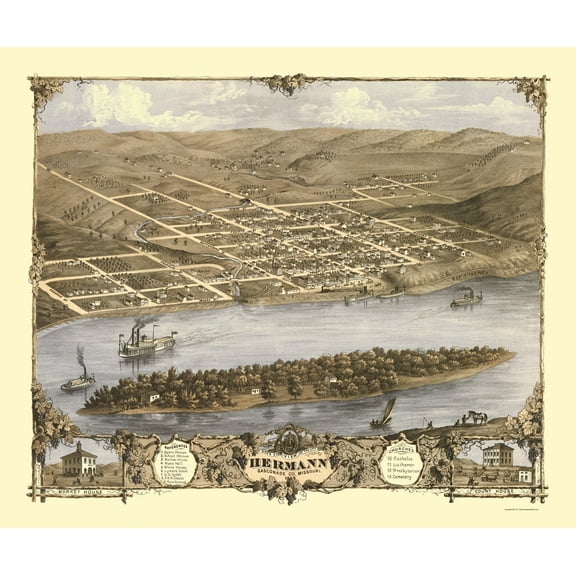 Historic Panoramic View - Hermann Missouri - Ruger 1869 - Vintage Wall Art
