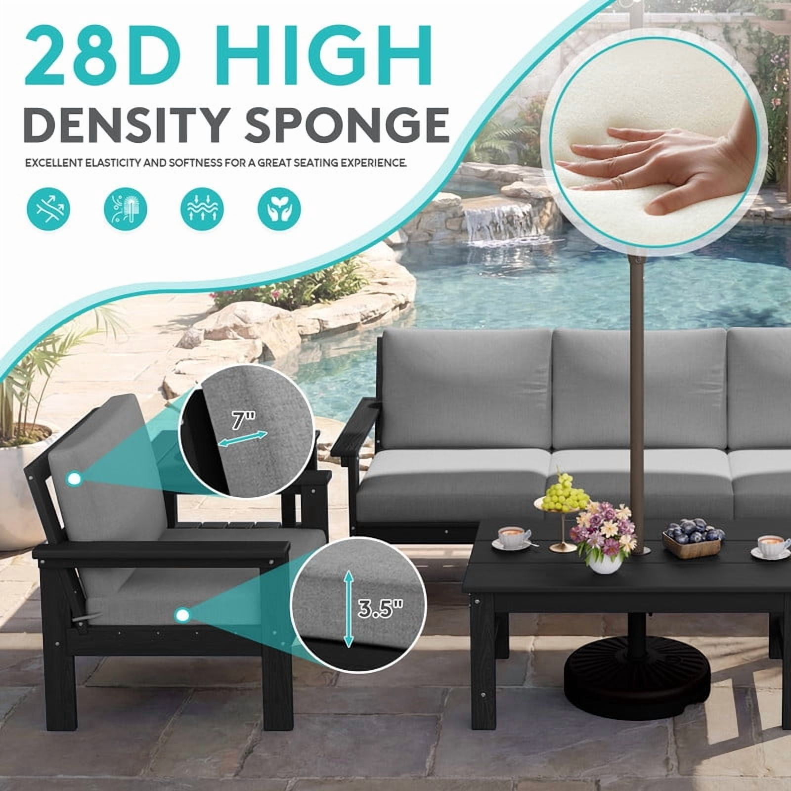 FUNDAZE Oversized HDPE Patio Furniture Sets, 3-Seater with a coffee table Outdoor Conversation Set | For Patio, Poolside, Backyard Use, Black Frame with Gray Cushion