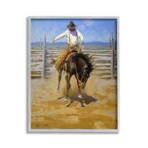 Stupell Industries Cowboy on Farm Landscape Painting Gray Framed Art Print Wall Art, 24 x 30