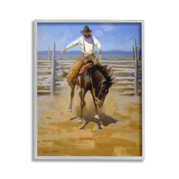 Stupell Industries Cowboy on Farm Landscape Painting Gray Framed Art Print Wall Art, 24 x 30